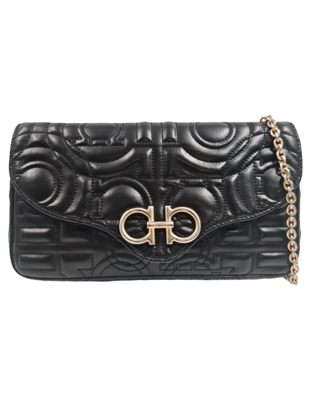 Salvatore Ferragamo Gancini Quilted Leather Mini Bag Black Gold Chain Strap